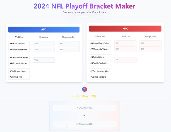 Your go-to playoff prediction maker! Simplify game forecasts, customize brackets, and make data-driven sports predictions for your favorite teams.